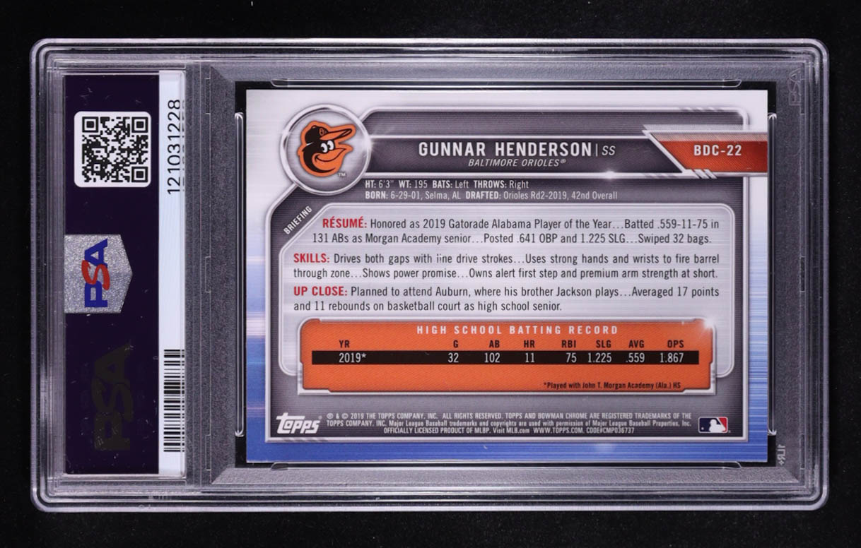 Gunnar Henderson 2019 Topps Bowman Draft Chrome #BDC-22 RC (PSA 9) at PristineAuction.com Gunnar Henderson 2019 Topps Bowman Draft Chrome #BDC-22 RC (PSA 9) at PristineAuction.com