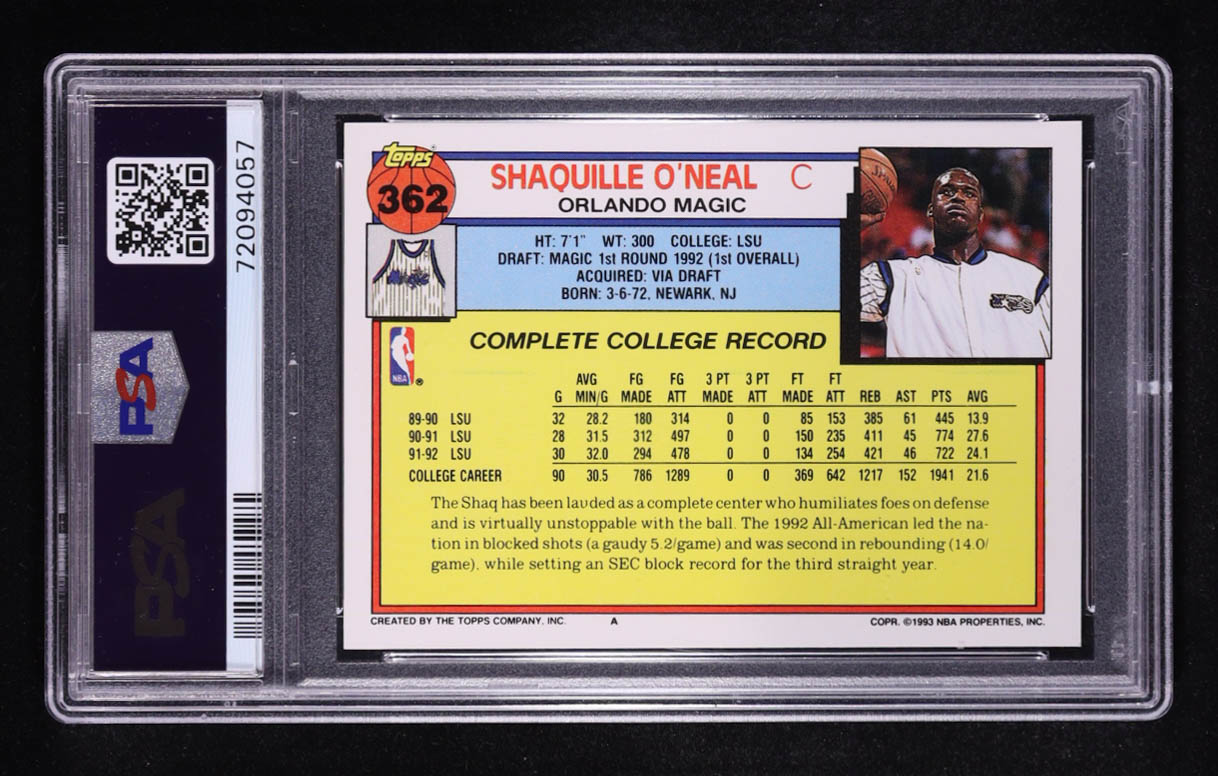 Shaquille O'Neal 1992 Topps #362 RC (PSA 9) at PristineAuction.com Shaquille O'Neal 1992 Topps #362 RC (PSA 9) at PristineAuction.com