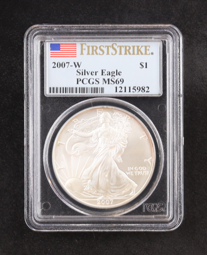 2007-W American Silver $1 Eagle, First Strike - West Point Mint (PCGS MS69) at PristineAuction.com 2007-W American Silver $1 Eagle, First Strike - West Point Mint (PCGS MS69) at PristineAuction.com