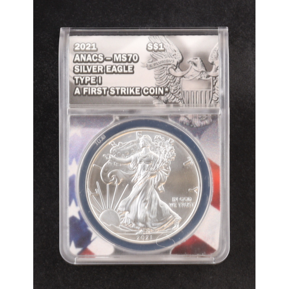 2021 American $1 Dollar Silver Eagle Type 1, First Strike Coin - American Flag Core (ANACS MS70) at PristineAuction.com