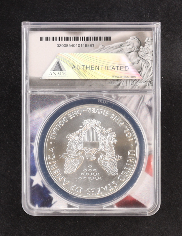 2021 American $1 Dollar Silver Eagle Type 1, First Strike Coin - American Flag Core (ANACS MS70) at PristineAuction.com 2021 American $1 Dollar Silver Eagle Type 1, First Strike Coin - American Flag Core (ANACS MS70) at PristineAuction.com
