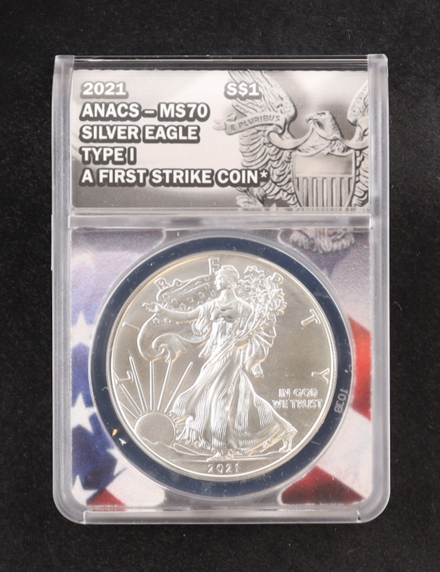 2021 American $1 Dollar Silver Eagle Type 1, First Strike Coin - American Flag Core (ANACS MS70) at PristineAuction.com 2021 American $1 Dollar Silver Eagle Type 1, First Strike Coin - American Flag Core (ANACS MS70) at PristineAuction.com
