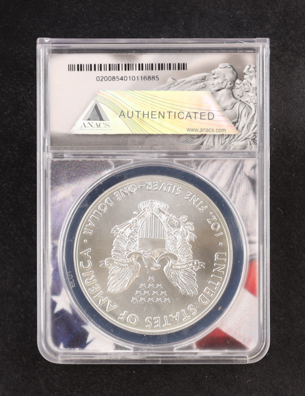 2021 American $1 Dollar Silver Eagle Type 1, First Strike Coin - American Flag Core (ANACS MS70) at PristineAuction.com 2021 American $1 Dollar Silver Eagle Type 1, First Strike Coin - American Flag Core (ANACS MS70) at PristineAuction.com