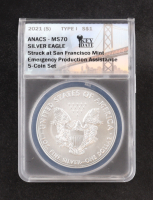 2021-(S) American $1 Dollar Silver Eagle Type 1, Key Date - Emergency Production - 5-Coin Set Struck at San Francisco (ANACS MS70) at PristineAuction.com