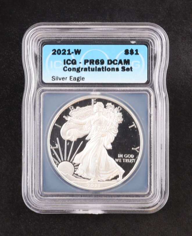 2021-(W) Proof American $1 Dollar Silver Eagle - Congratulations Set (ICG PR69 DCAM) at PristineAuction.com 2021-(W) Proof American $1 Dollar Silver Eagle - Congratulations Set (ICG PR69 DCAM) at PristineAuction.com