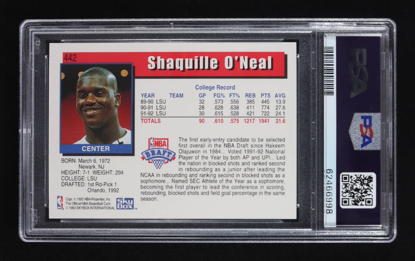 Shaquille O'Neal 1992 NBA Hoops #442 RC (PSA 9) at PristineAuction.com Shaquille O'Neal 1992 NBA Hoops #442 RC (PSA 9) at PristineAuction.com