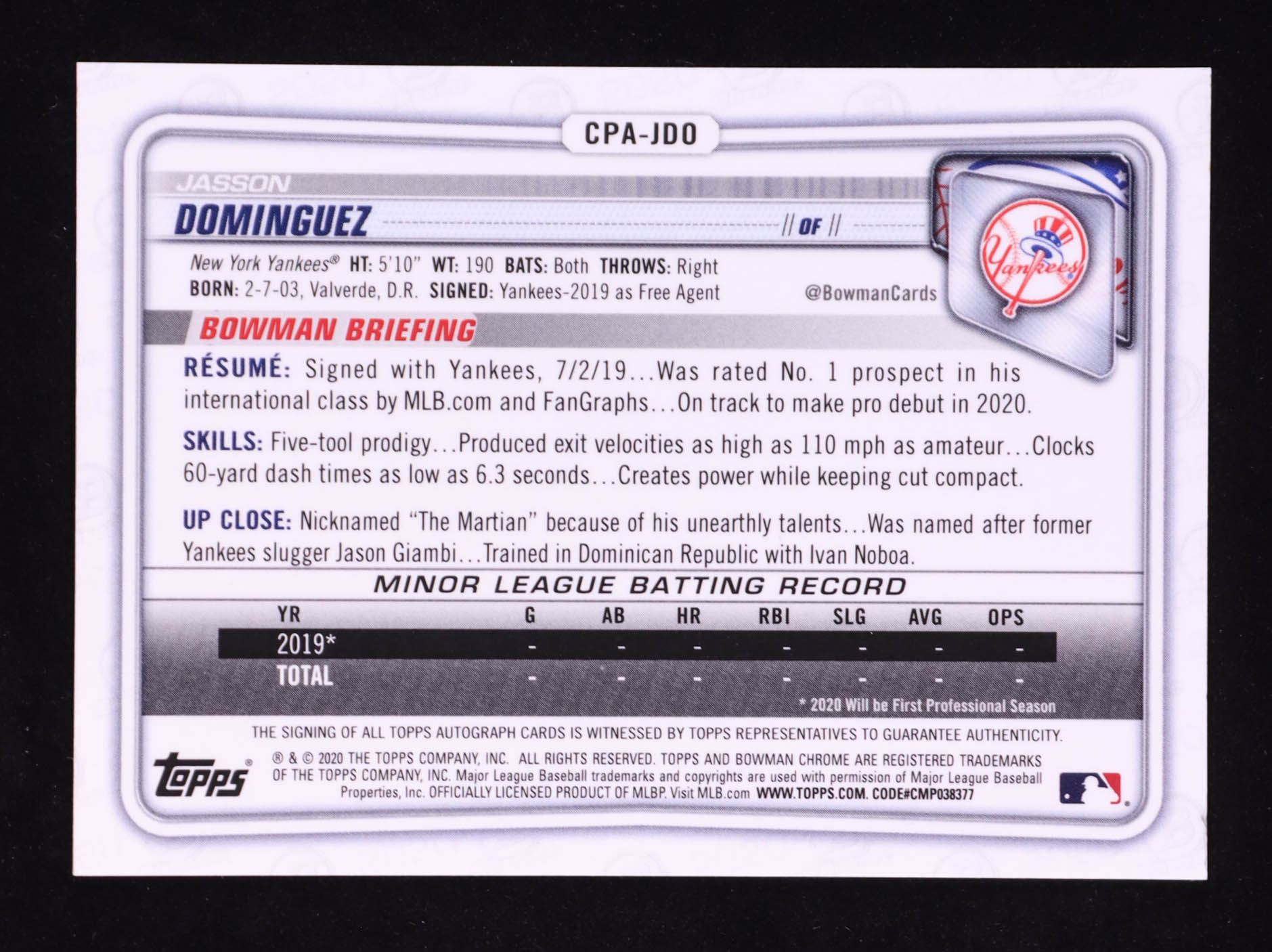 Jasson Dominguez 2020 Bowman Chrome Prospect Autographs #CPAJDO RC at PristineAuction.com Jasson Dominguez 2020 Bowman Chrome Prospect Autographs #CPAJDO RC at PristineAuction.com