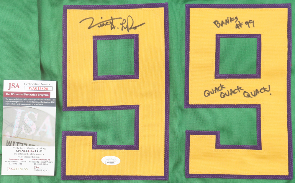 Vincent Larusso Signed "The Mighty Ducks" Jersey Inscribed "Banks" & "Quack Quack Quack!" (JSA) at PristineAuction.com Vincent Larusso Signed "The Mighty Ducks" Jersey Inscribed "Banks" & "Quack Quack Quack!" (JSA) at PristineAuction.com