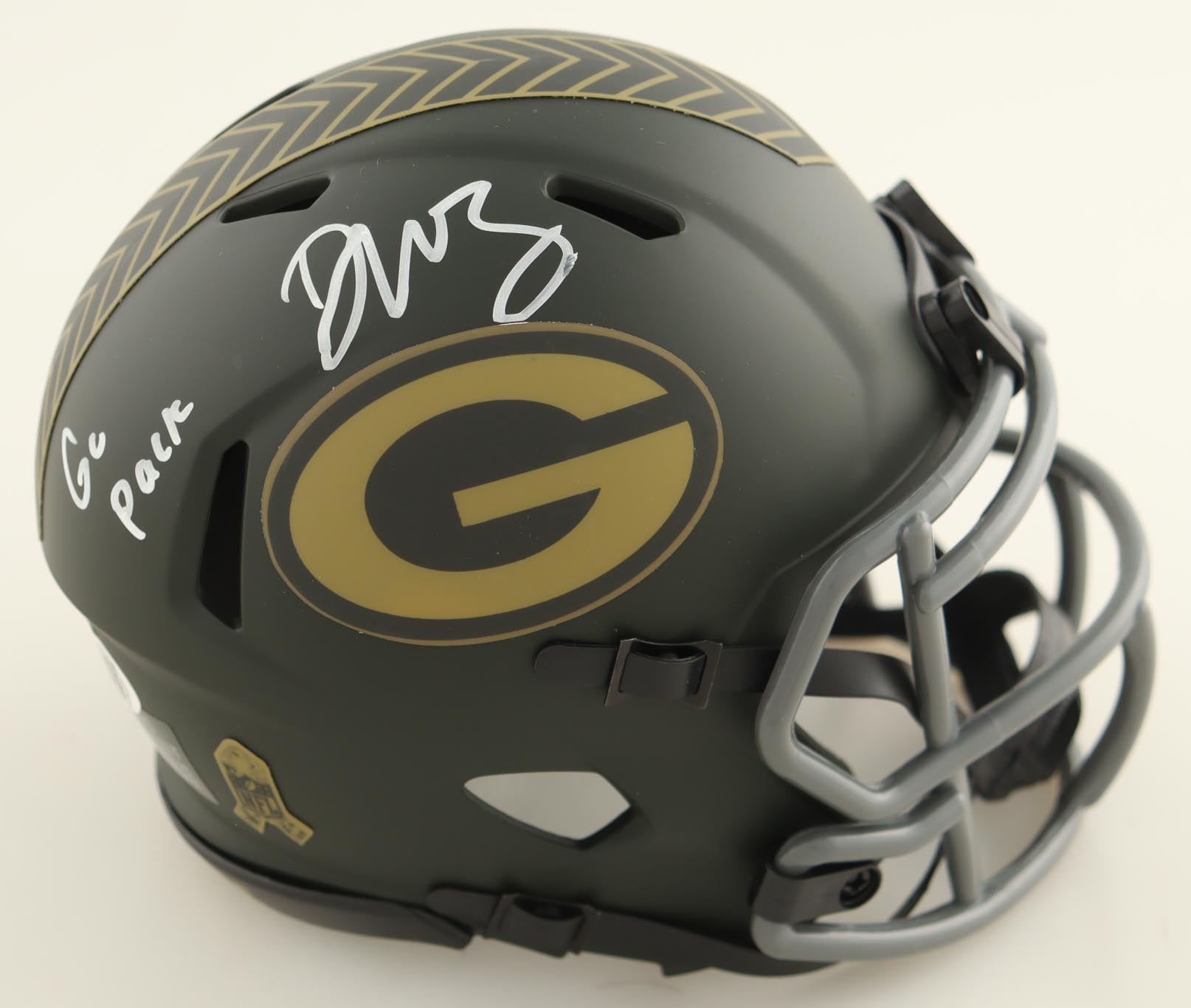 Dontayvion Wicks Signed Packers Salute To Service Alternate Speed Mini Helmet Inscribed "Go Pack" (JSA) at PristineAuction.com Dontayvion Wicks Signed Packers Salute To Service Alternate Speed Mini Helmet Inscribed "Go Pack" (JSA) at PristineAuction.com