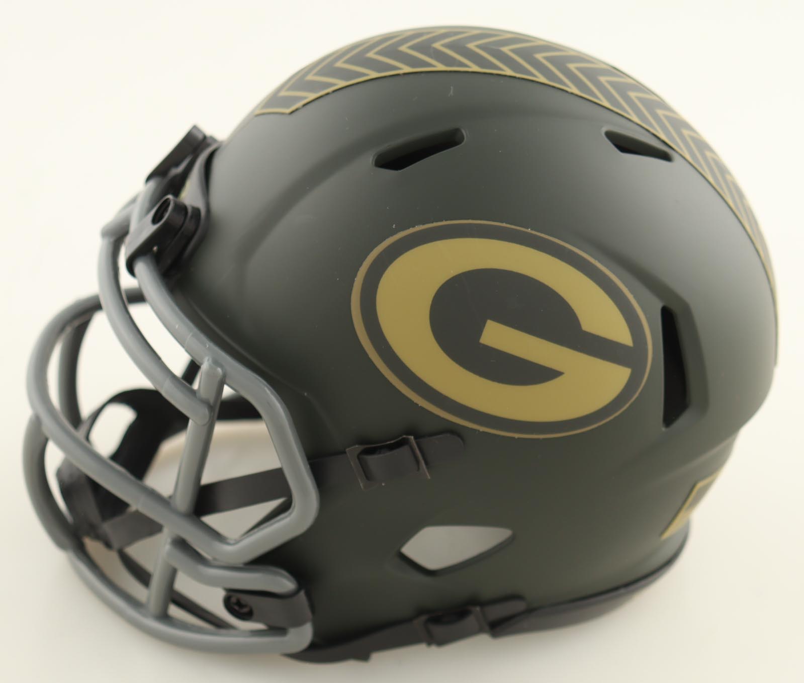 Dontayvion Wicks Signed Packers Salute To Service Alternate Speed Mini Helmet Inscribed "Go Pack" (JSA) at PristineAuction.com Dontayvion Wicks Signed Packers Salute To Service Alternate Speed Mini Helmet Inscribed "Go Pack" (JSA) at PristineAuction.com