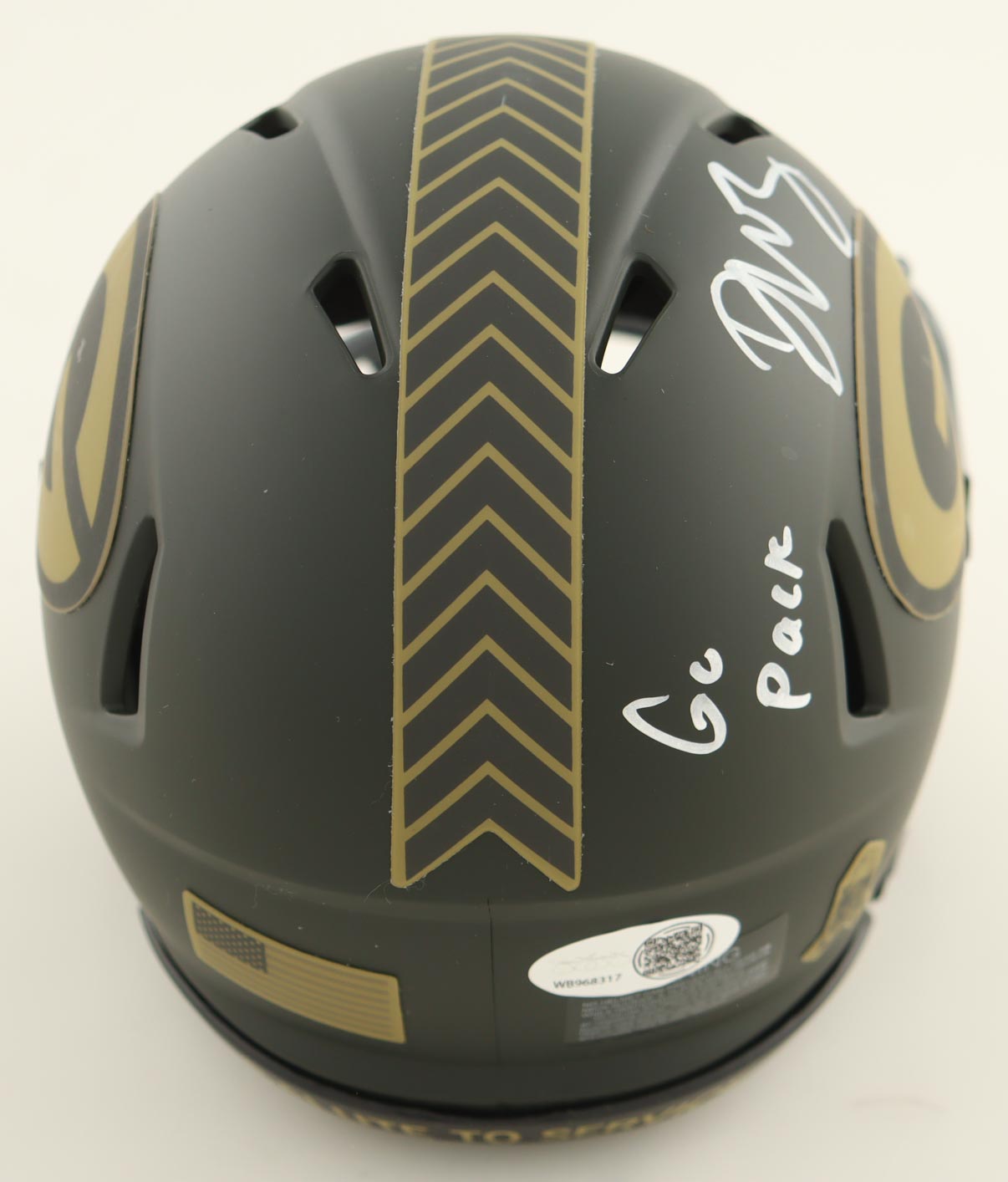 Dontayvion Wicks Signed Packers Salute To Service Alternate Speed Mini Helmet Inscribed "Go Pack" (JSA) at PristineAuction.com Dontayvion Wicks Signed Packers Salute To Service Alternate Speed Mini Helmet Inscribed "Go Pack" (JSA) at PristineAuction.com