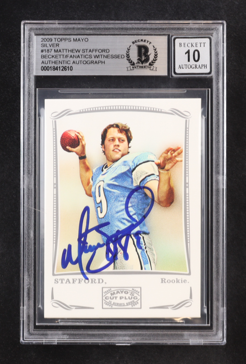 Matthew Stafford Signed 2009 Topps Mayo Silver #187 RC (BGS | Auto 10) at PristineAuction.com Matthew Stafford Signed 2009 Topps Mayo Silver #187 RC (BGS | Auto 10) at PristineAuction.com