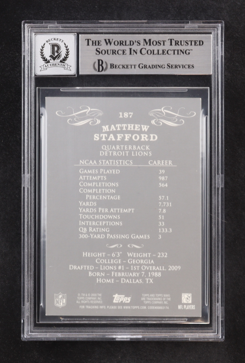Matthew Stafford Signed 2009 Topps Mayo Silver #187 RC (BGS | Auto 10) at PristineAuction.com Matthew Stafford Signed 2009 Topps Mayo Silver #187 RC (BGS | Auto 10) at PristineAuction.com