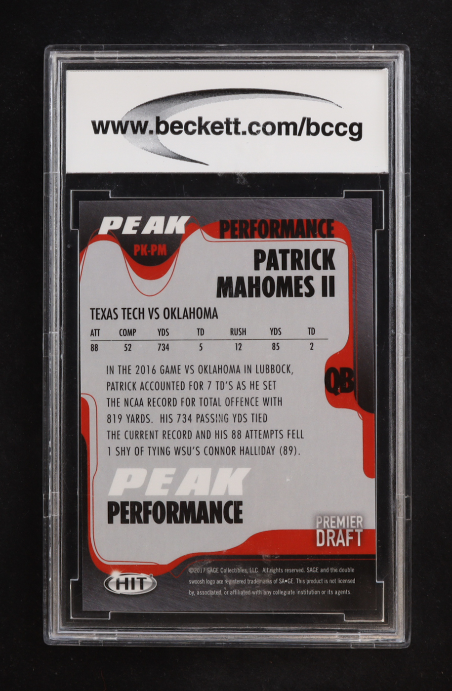 Patrick Mahomes II 2017 Sage Hit Premier Draft Peak Performance #PKPM RC (BCCG 10) at PristineAuction.com Patrick Mahomes II 2017 Sage Hit Premier Draft Peak Performance #PKPM RC (BCCG 10) at PristineAuction.com