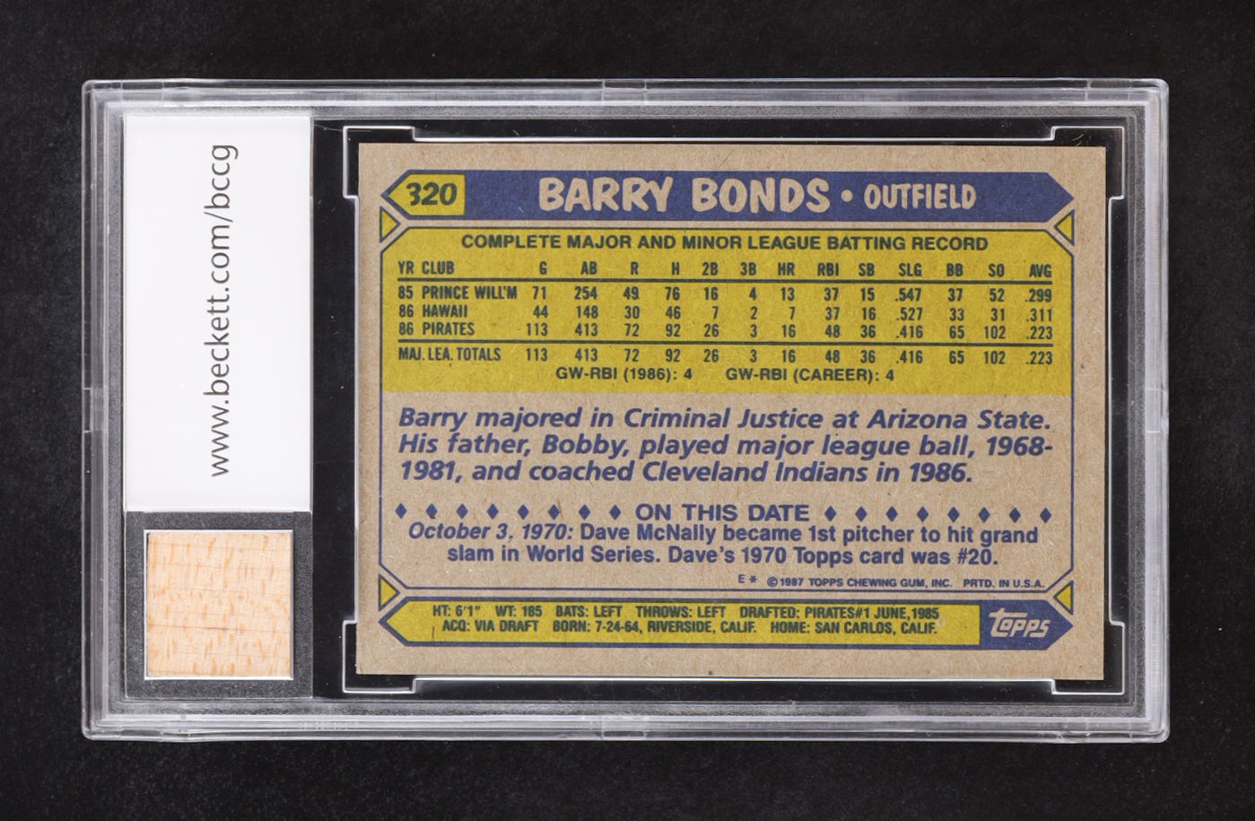 Barry Bonds 1987 Topps 2001 73 HR season Game-Used Bat #320 RC (BCCG 10) at PristineAuction.com Barry Bonds 1987 Topps 2001 73 HR season Game-Used Bat #320 RC (BCCG 10) at PristineAuction.com