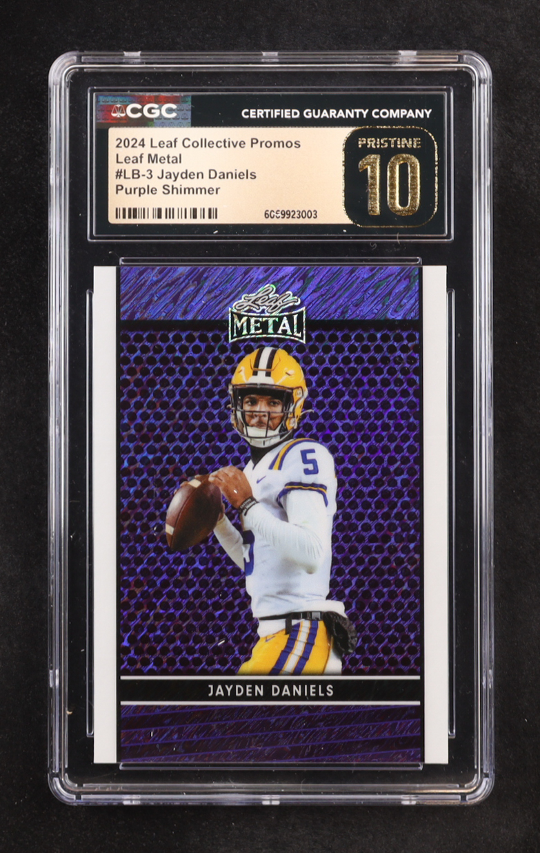 Jayden Daniels 2024 Leaf Collective Promo Leaf Shimmer Purple #LB3 RC #19/199 (CGC 10 | Pristine Black Label) at PristineAuction.com Jayden Daniels 2024 Leaf Collective Promo Leaf Shimmer Purple #LB3 RC #19/199 (CGC 10 | Pristine Black Label) at PristineAuction.com