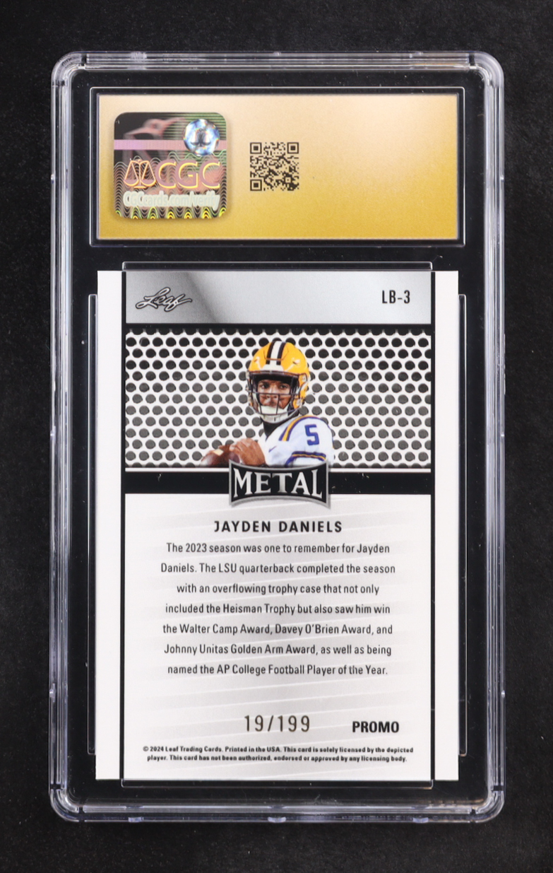 Jayden Daniels 2024 Leaf Collective Promo Leaf Shimmer Purple #LB3 RC #19/199 (CGC 10 | Pristine Black Label) at PristineAuction.com Jayden Daniels 2024 Leaf Collective Promo Leaf Shimmer Purple #LB3 RC #19/199 (CGC 10 | Pristine Black Label) at PristineAuction.com