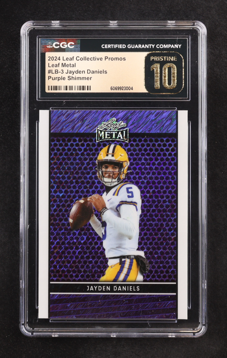 Jayden Daniels 2024 Leaf Collective Promo Leaf Shimmer Purple #LB3 RC #25/199 (CGC 10 | Pristine Black Label) at PristineAuction.com Jayden Daniels 2024 Leaf Collective Promo Leaf Shimmer Purple #LB3 RC #25/199 (CGC 10 | Pristine Black Label) at PristineAuction.com