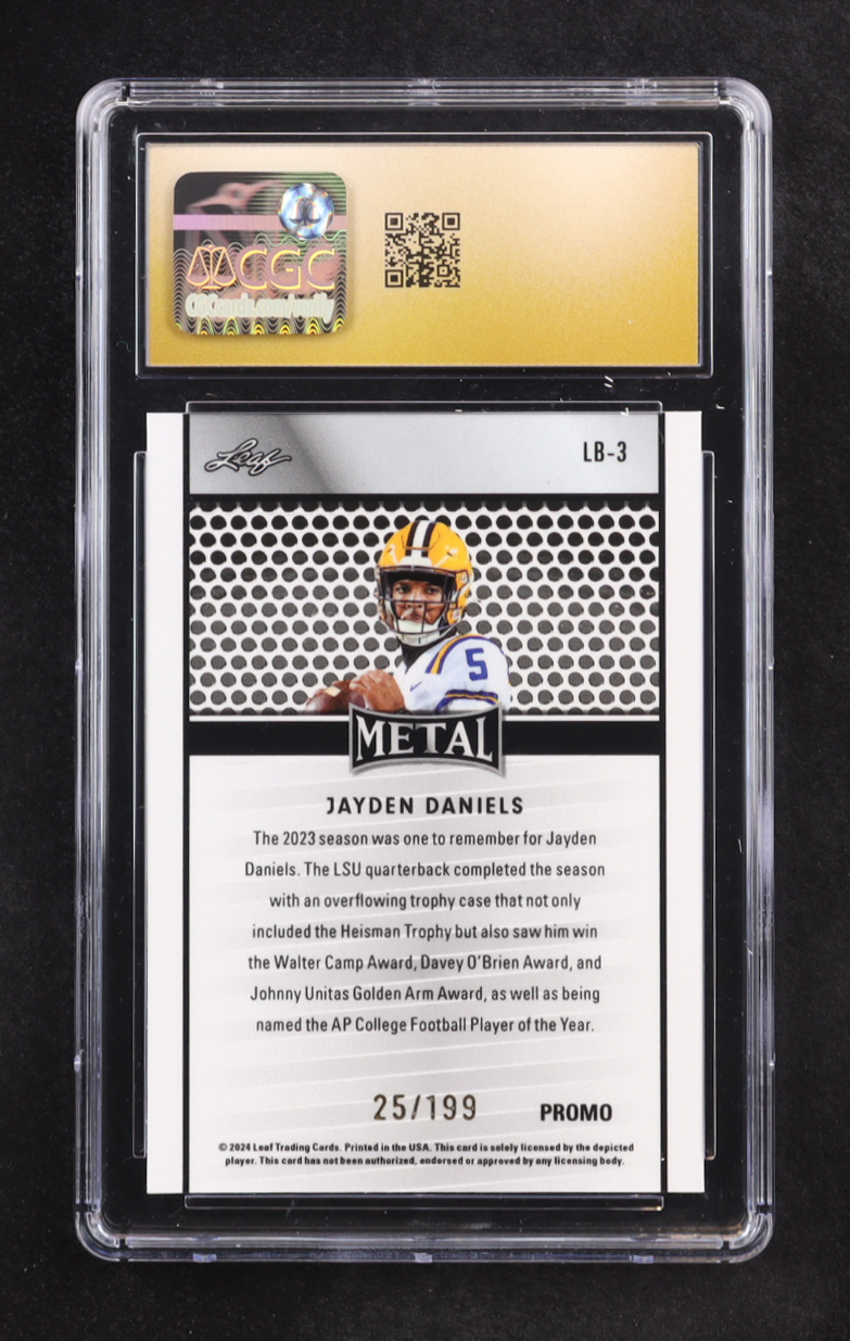Jayden Daniels 2024 Leaf Collective Promo Leaf Shimmer Purple #LB3 RC #25/199 (CGC 10 | Pristine Black Label) at PristineAuction.com Jayden Daniels 2024 Leaf Collective Promo Leaf Shimmer Purple #LB3 RC #25/199 (CGC 10 | Pristine Black Label) at PristineAuction.com