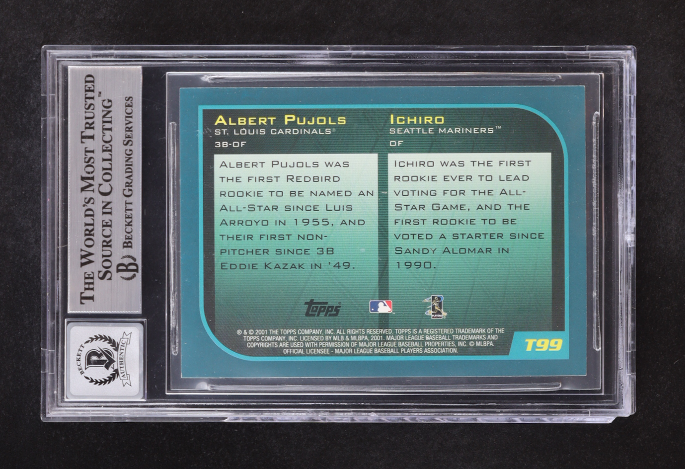 Ichiro Suzuki & Albert Pujols Signed 2001 Topps Traded #T99 ROY RC (BGS | Auto 10) at PristineAuction.com Ichiro Suzuki & Albert Pujols Signed 2001 Topps Traded #T99 ROY RC (BGS | Auto 10) at PristineAuction.com