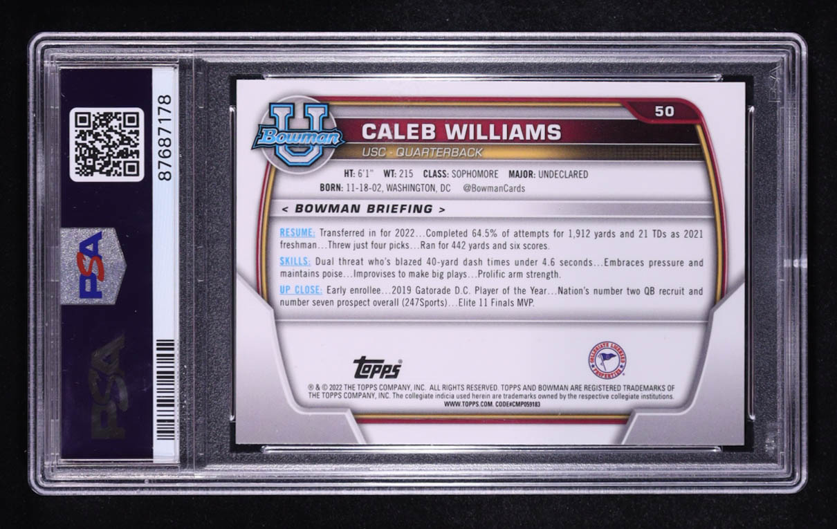 Caleb Williams 2022 Bowman Chrome University #50 RC (PSA 8) at PristineAuction.com Caleb Williams 2022 Bowman Chrome University #50 RC (PSA 8) at PristineAuction.com