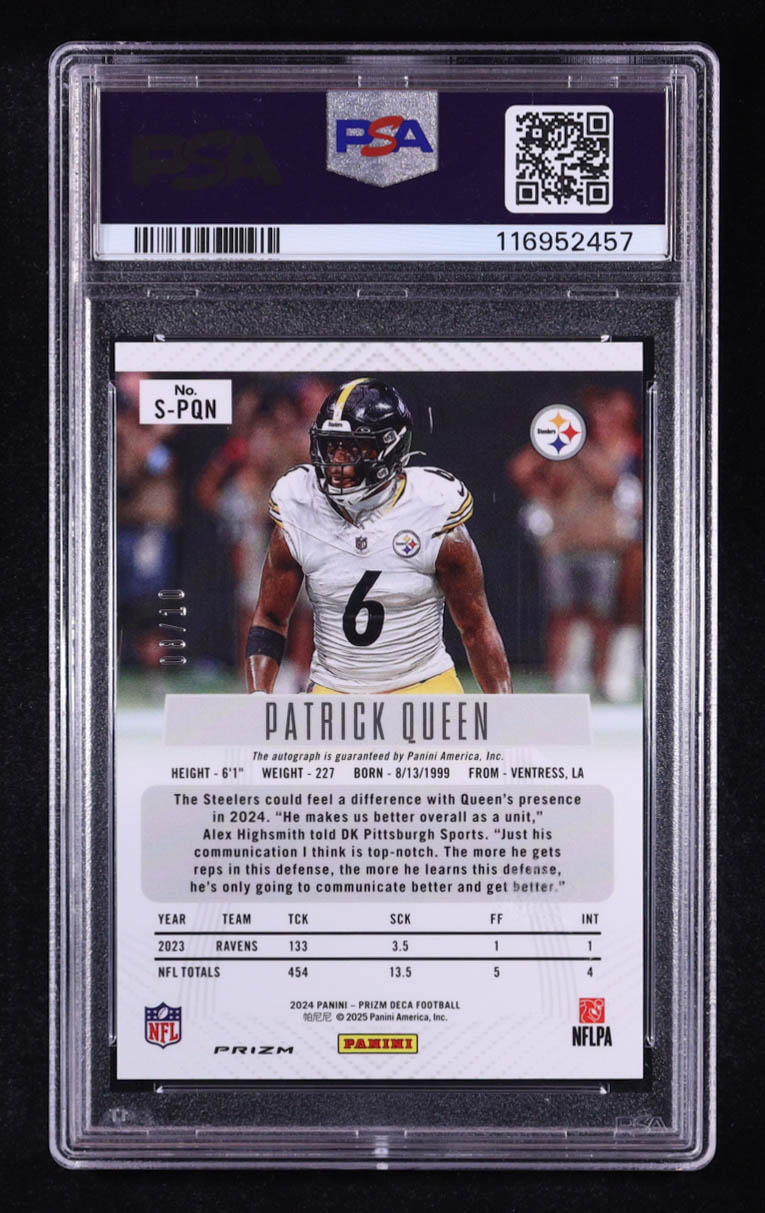 Patrick Queen 2024 Panini Prizm Deca Signatures Prizms Gold Shimmer FOTL #41 #08/10 (PSA 10) at PristineAuction.com Patrick Queen 2024 Panini Prizm Deca Signatures Prizms Gold Shimmer FOTL #41 #08/10 (PSA 10) at PristineAuction.com