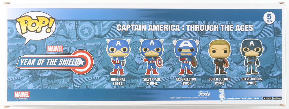 Chris Evans Signed "Captain America: Through The Ages" Year Of The Shield Funko Pop! 5-Pack Bobble-Head Figure Set (JSA) at PristineAuction.com Chris Evans Signed "Captain America: Through The Ages" Year Of The Shield Funko Pop! 5-Pack Bobble-Head Figure Set (JSA) at PristineAuction.com