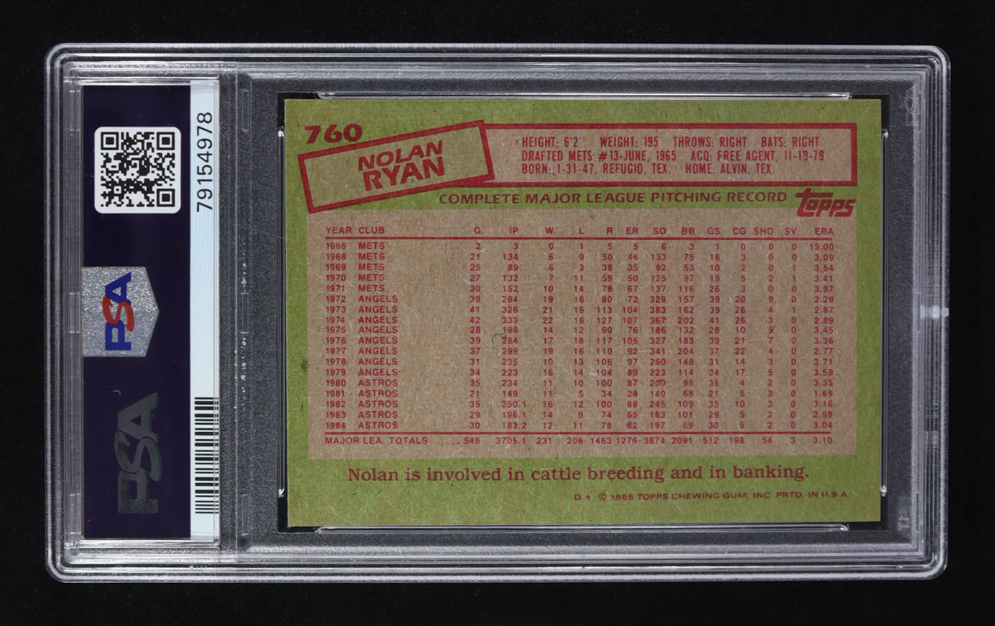 Nolan Ryan 1985 Topps #760 (PSA 8) at PristineAuction.com Nolan Ryan 1985 Topps #760 (PSA 8) at PristineAuction.com