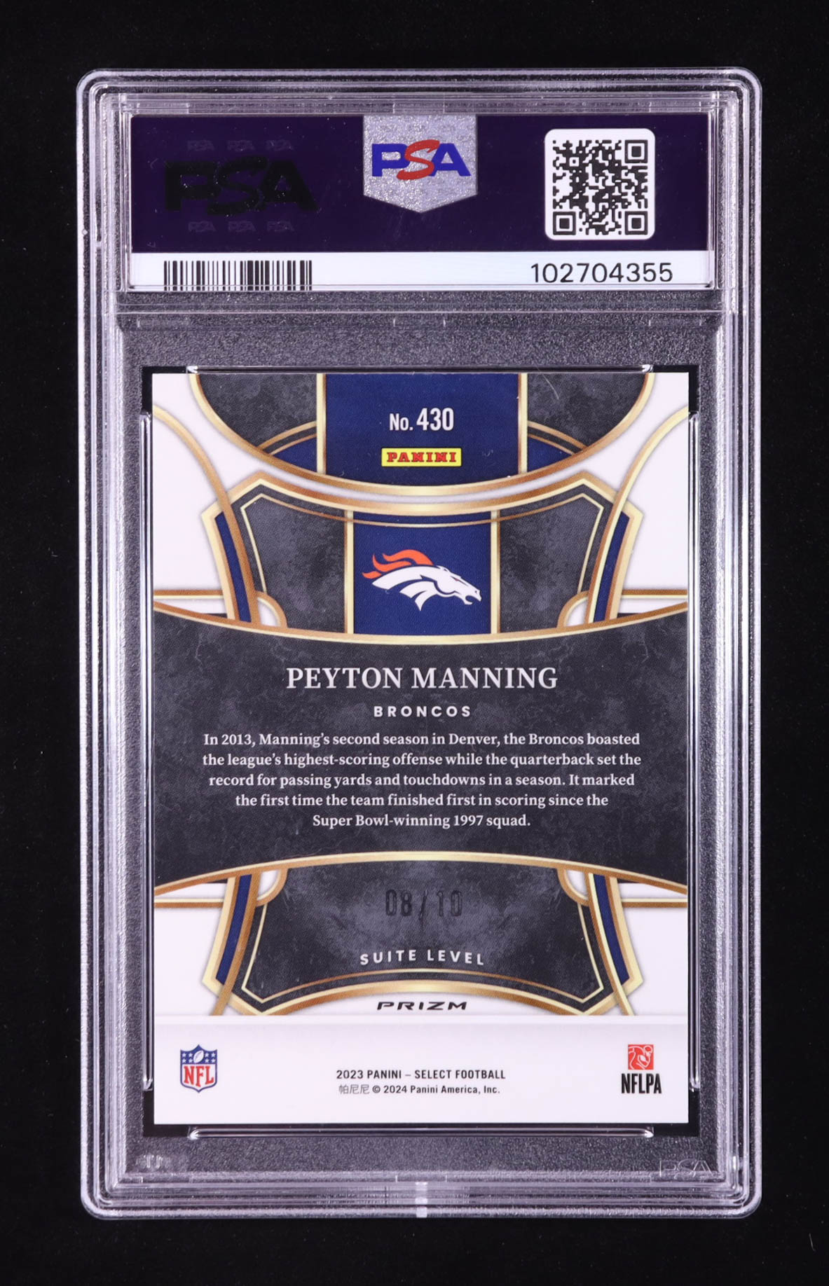 Peyton Manning 2023 Select Prizm Gold Disco #430 #08/10 (PSA 10) at PristineAuction.com Peyton Manning 2023 Select Prizm Gold Disco #430 #08/10 (PSA 10) at PristineAuction.com