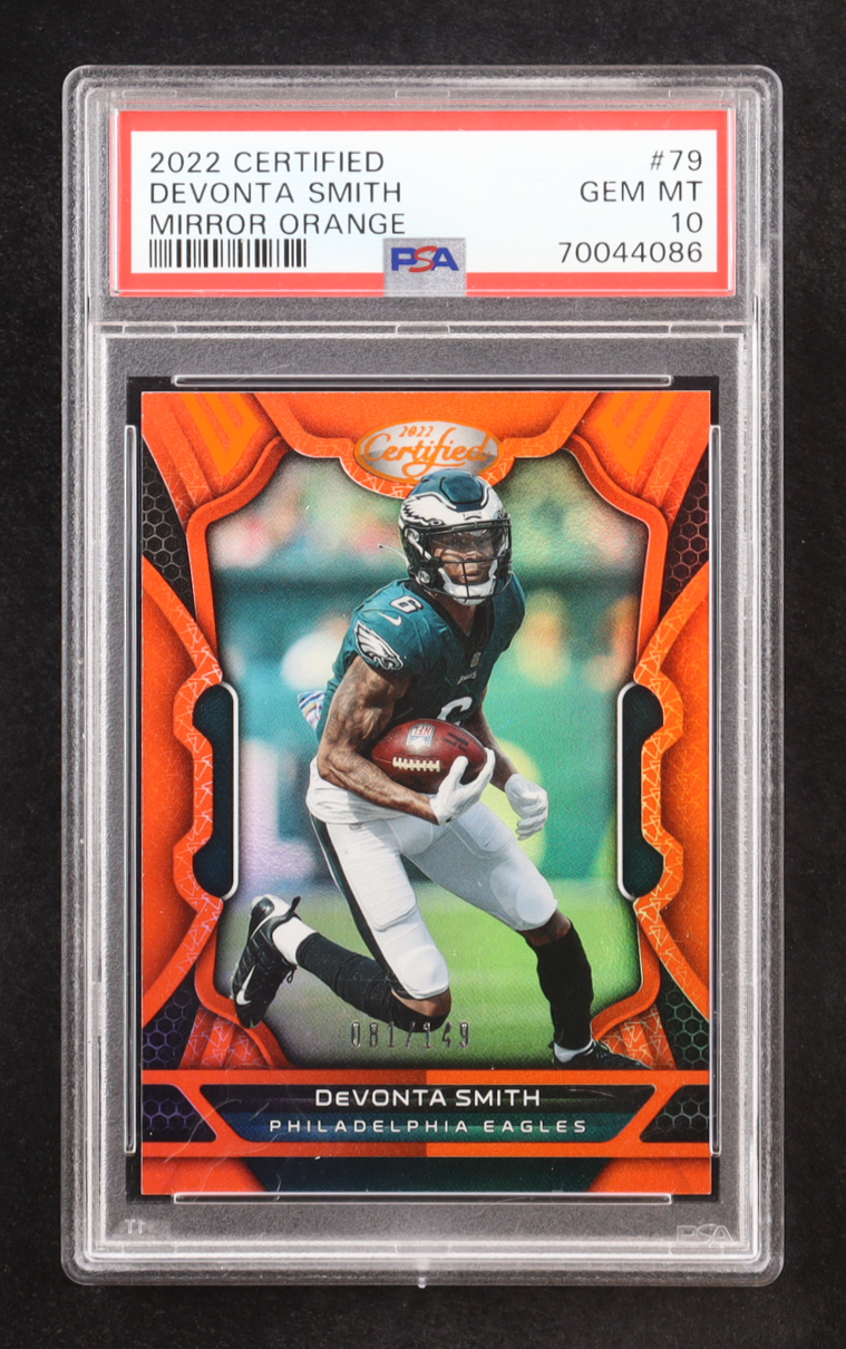 DeVonta Smith 2022 Certified Mirror Orange #79 #081/149 (PSA 10) at PristineAuction.com DeVonta Smith 2022 Certified Mirror Orange #79 #081/149 (PSA 10) at PristineAuction.com