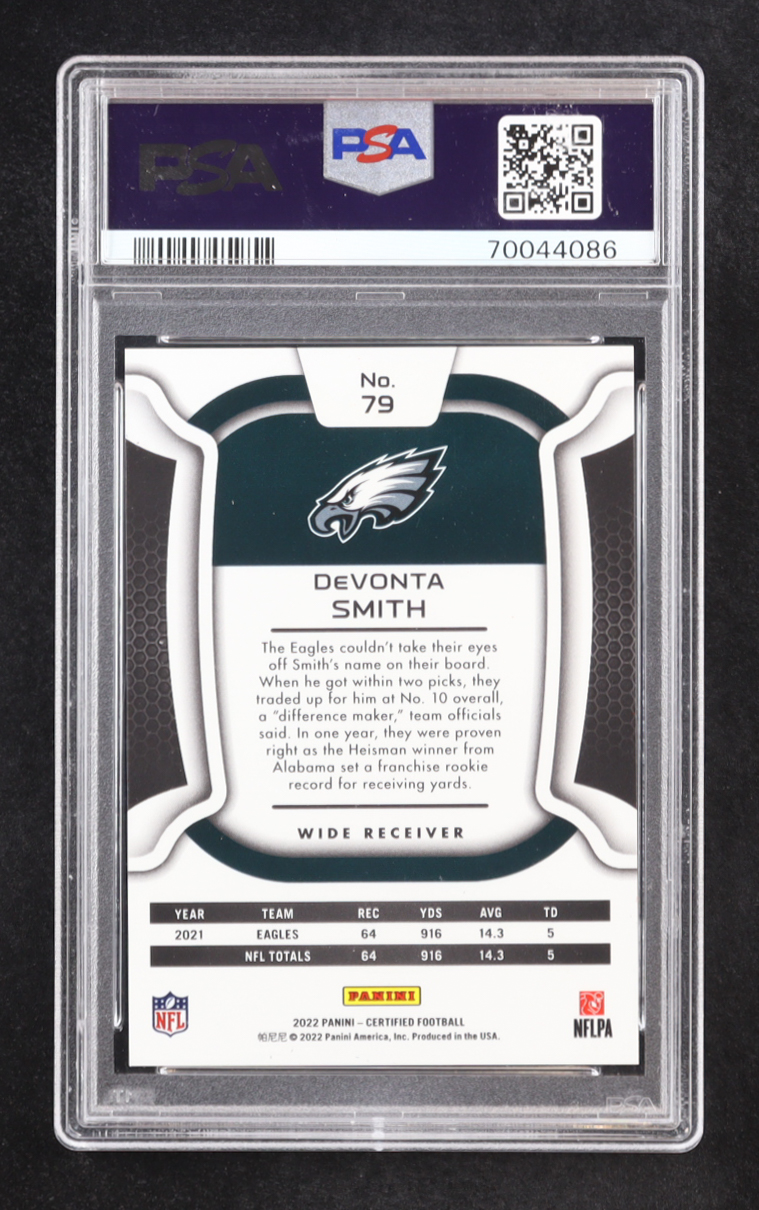 DeVonta Smith 2022 Certified Mirror Orange #79 #081/149 (PSA 10) at PristineAuction.com DeVonta Smith 2022 Certified Mirror Orange #79 #081/149 (PSA 10) at PristineAuction.com
