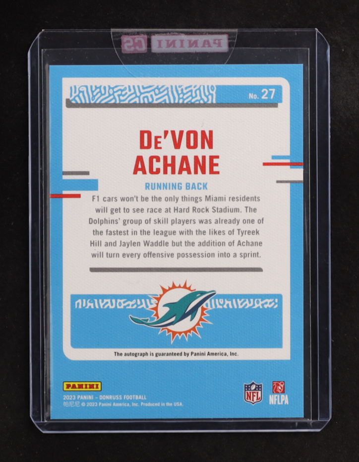 De'Von Achane 2023 Donruss Rated Rookies Portrait Autographs #27 RC #03/49 at PristineAuction.com De'Von Achane 2023 Donruss Rated Rookies Portrait Autographs #27 RC #03/49 at PristineAuction.com