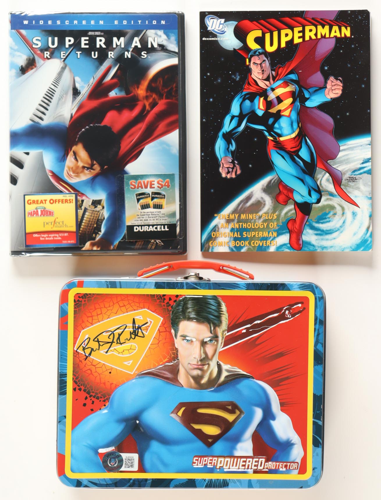 Brandon Routh Signed Metal Lunchbox With "Superman Returns" DVD & Superman: Enemy Mine/Cover Anthology Paperback Book (Celebrity Authentics & Beckett) at PristineAuction.com Brandon Routh Signed Metal Lunchbox With "Superman Returns" DVD & Superman: Enemy Mine/Cover Anthology Paperback Book (Celebrity Authentics & Beckett) at PristineAuction.com