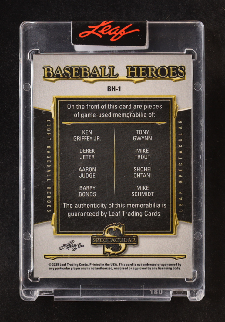 2025 Leaf Spectacular Baseball Heroes Spectrum Black #BH1 Ken Griffey Jr. / Tony Gwynn / Derek Jeter / Mike Trout / Aaron Judge / Shohei Ohtani / Barry Bonds / Mike Schmidt #1/1 at PristineAuction.com 2025 Leaf Spectacular Baseball Heroes Spectrum Black #BH1 Ken Griffey Jr. / Tony Gwynn / Derek Jeter / Mike Trout / Aaron Judge / Shohei Ohtani / Barry Bonds / Mike Schmidt #1/1 at PristineAuction.com