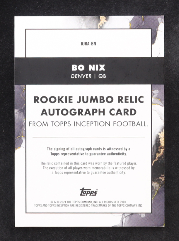 Bo Nix 2024 Topps Inception Rookie Jumbo Relic Autographs Purple #RJRABN RC #041/125 at PristineAuction.com Bo Nix 2024 Topps Inception Rookie Jumbo Relic Autographs Purple #RJRABN RC #041/125 at PristineAuction.com