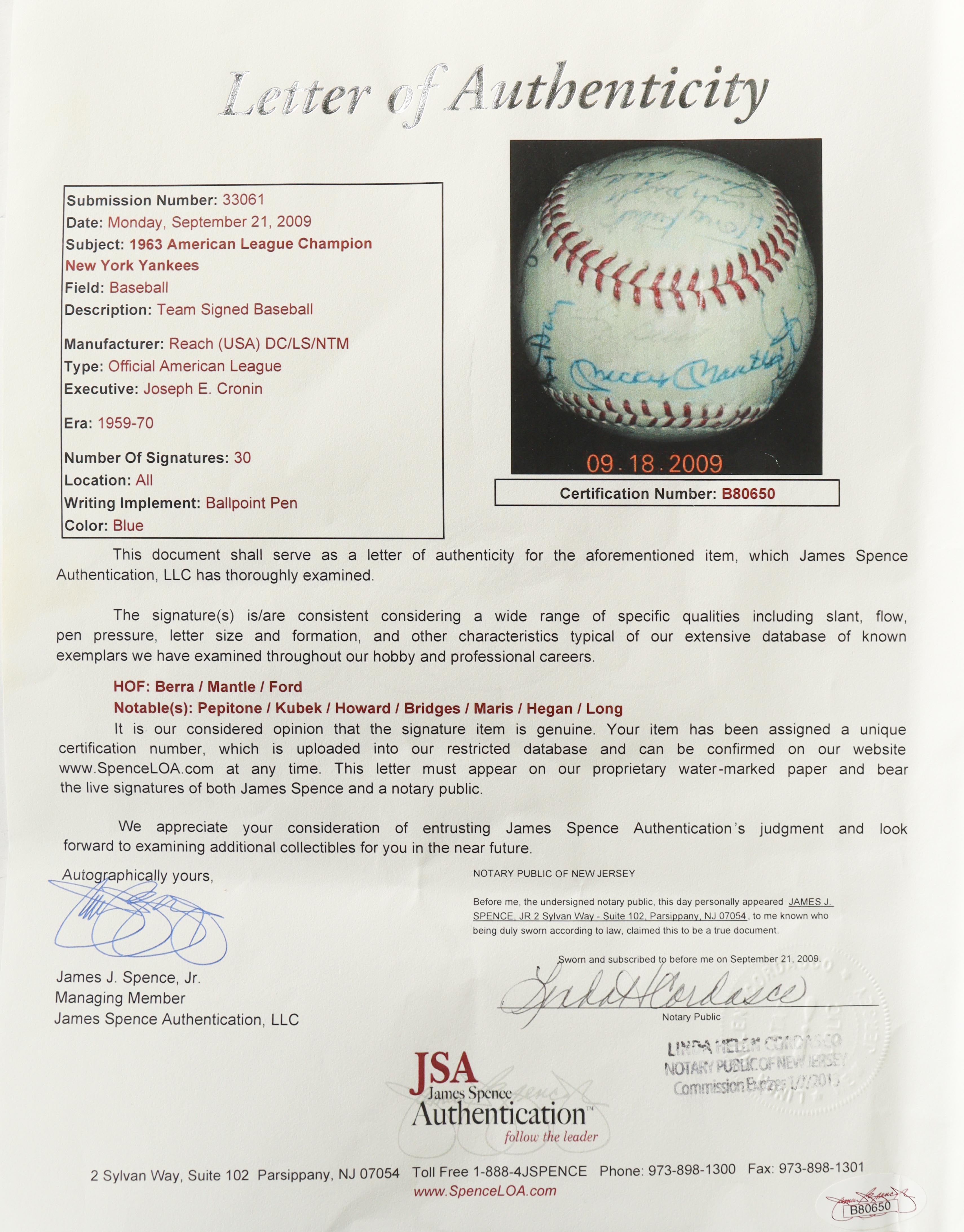 Mickey Mantle, Whitey Ford, Yogi Berra | 1963 American League Champion Yankees Baseball Team-Signed By (30) (JSA) at PristineAuction.com Mickey Mantle, Whitey Ford, Yogi Berra | 1963 American League Champion Yankees Baseball Team-Signed By (30) (JSA) at PristineAuction.com