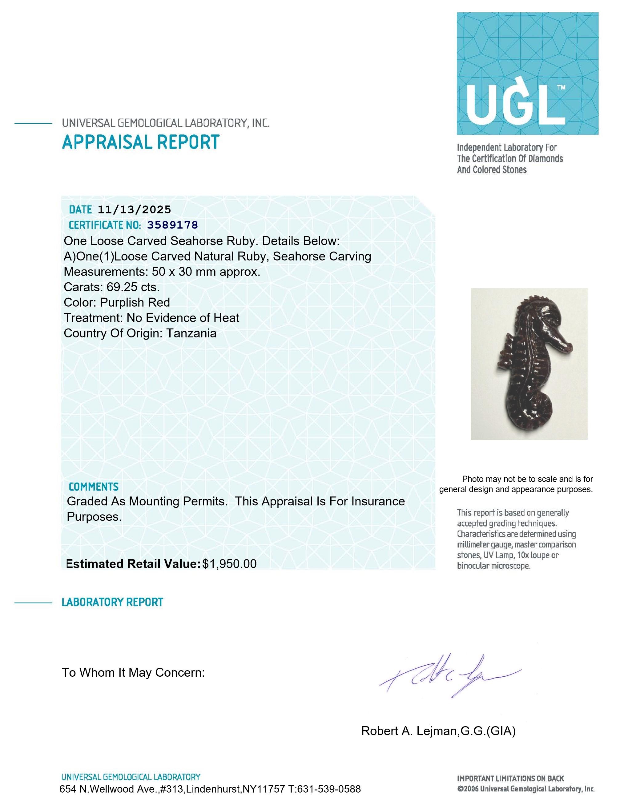 69.25 Carats Loose Ruby Carved Seahorse | Estimated Retail Value $1,950 (UGL) at PristineAuction.com 69.25 Carats Loose Ruby Carved Seahorse | Estimated Retail Value $1,950 (UGL) at PristineAuction.com