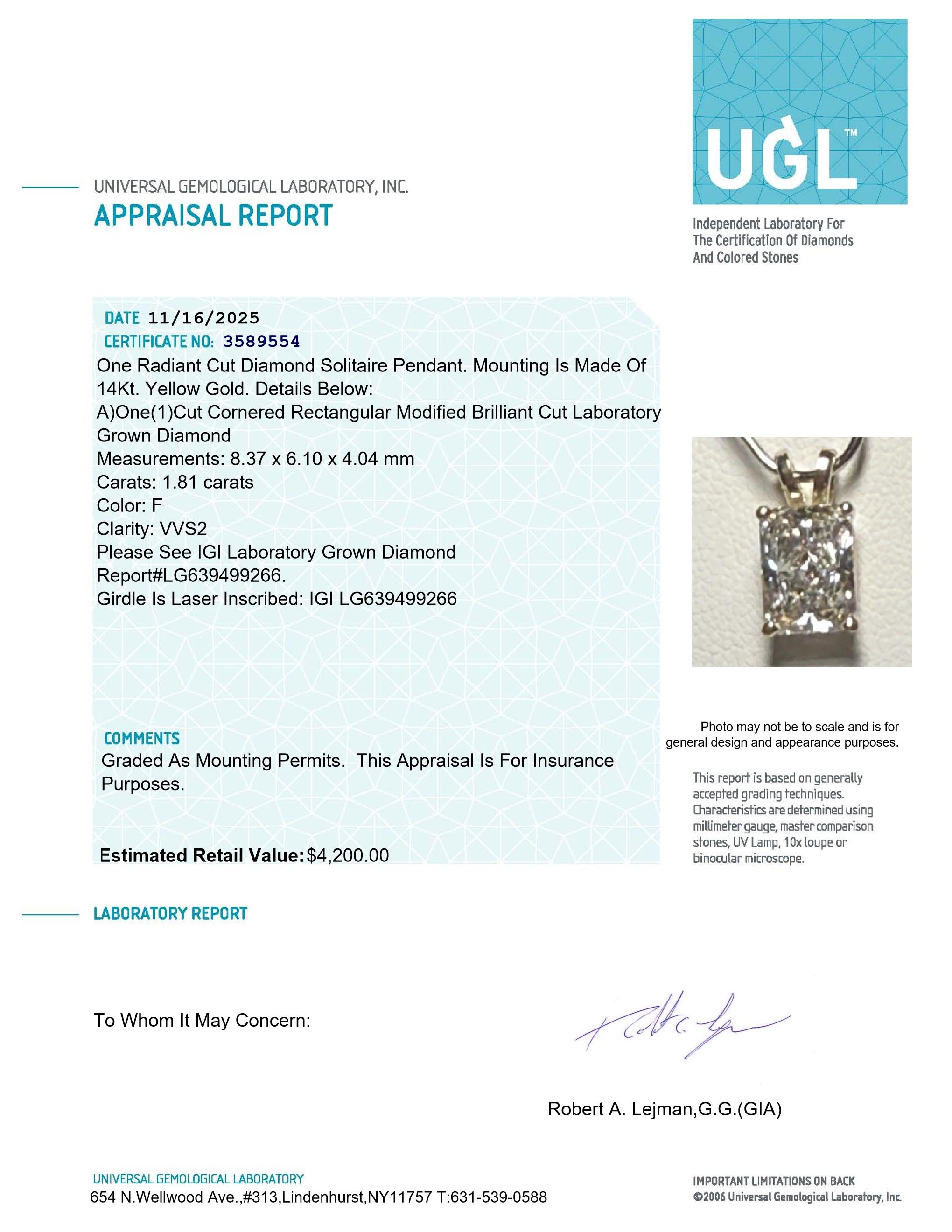 New 14kt Yellow Gold 1.81 Carats Lab Grown Diamond Pendant F, VVS2 | Estimated Retail Value: $4,200 (UGL & IGI) at PristineAuction.com New 14kt Yellow Gold 1.81 Carats Lab Grown Diamond Pendant F, VVS2 | Estimated Retail Value: $4,200 (UGL & IGI) at PristineAuction.com