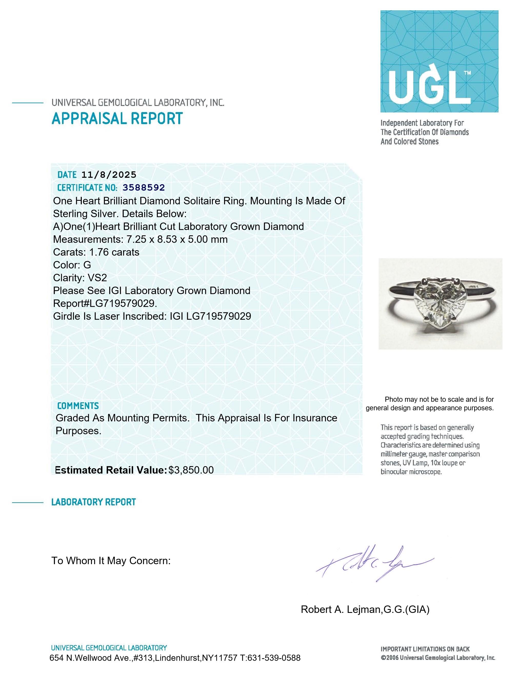 New 1.76 Carats Lab Grown Diamond Ring G, VS2 | Estimated Retail Value: $3,850 (UGL & IGI) at PristineAuction.com New 1.76 Carats Lab Grown Diamond Ring G, VS2 | Estimated Retail Value: $3,850 (UGL & IGI) at PristineAuction.com