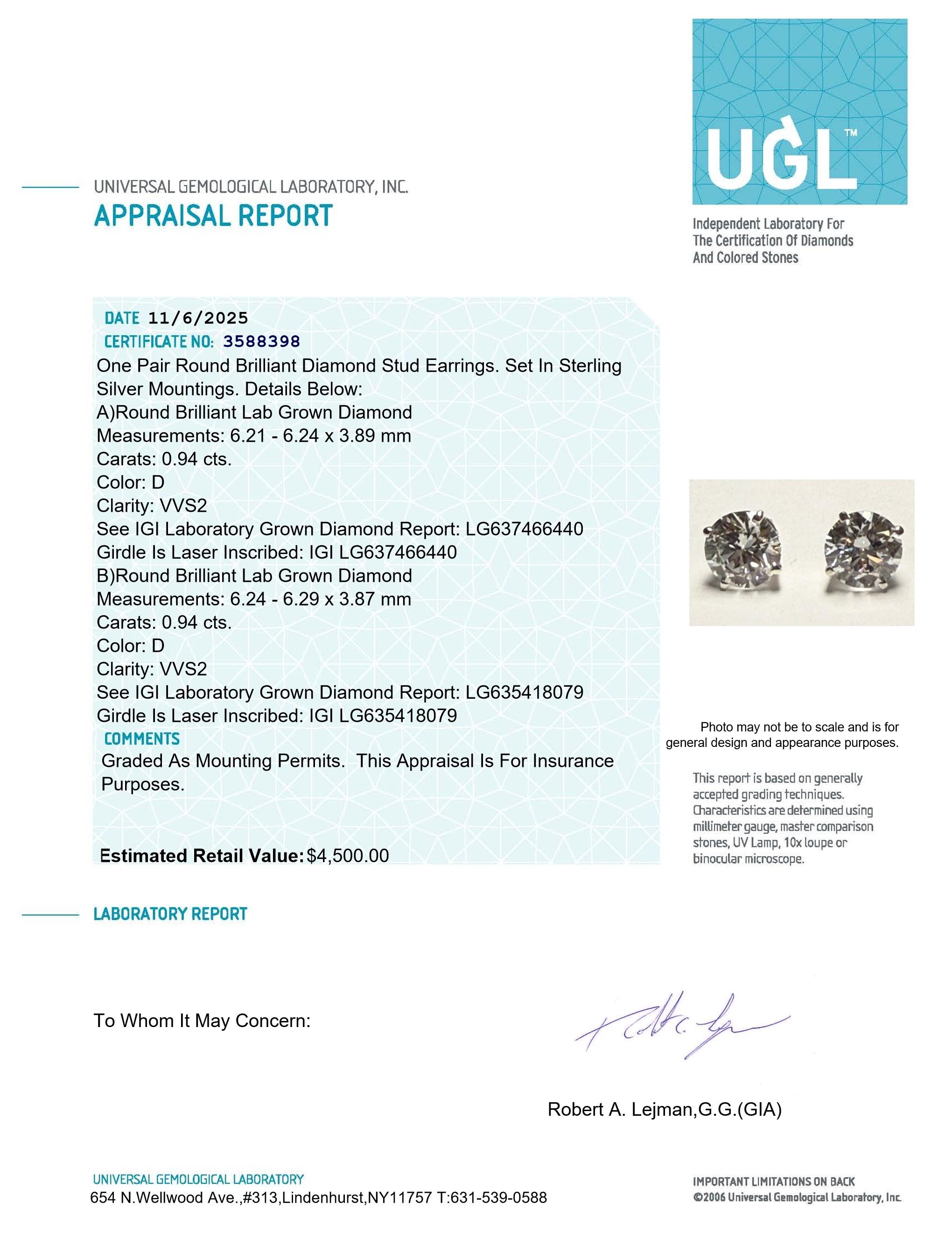 New 1.88 CTW Lab Grown Pair of Diamond Earrings D, VVS2 | Hearts & Arrows Cut | Estimated Retail Value: $4,500 (UGL & IGI) at PristineAuction.com New 1.88 CTW Lab Grown Pair of Diamond Earrings D, VVS2 | Hearts & Arrows Cut | Estimated Retail Value: $4,500 (UGL & IGI) at PristineAuction.com