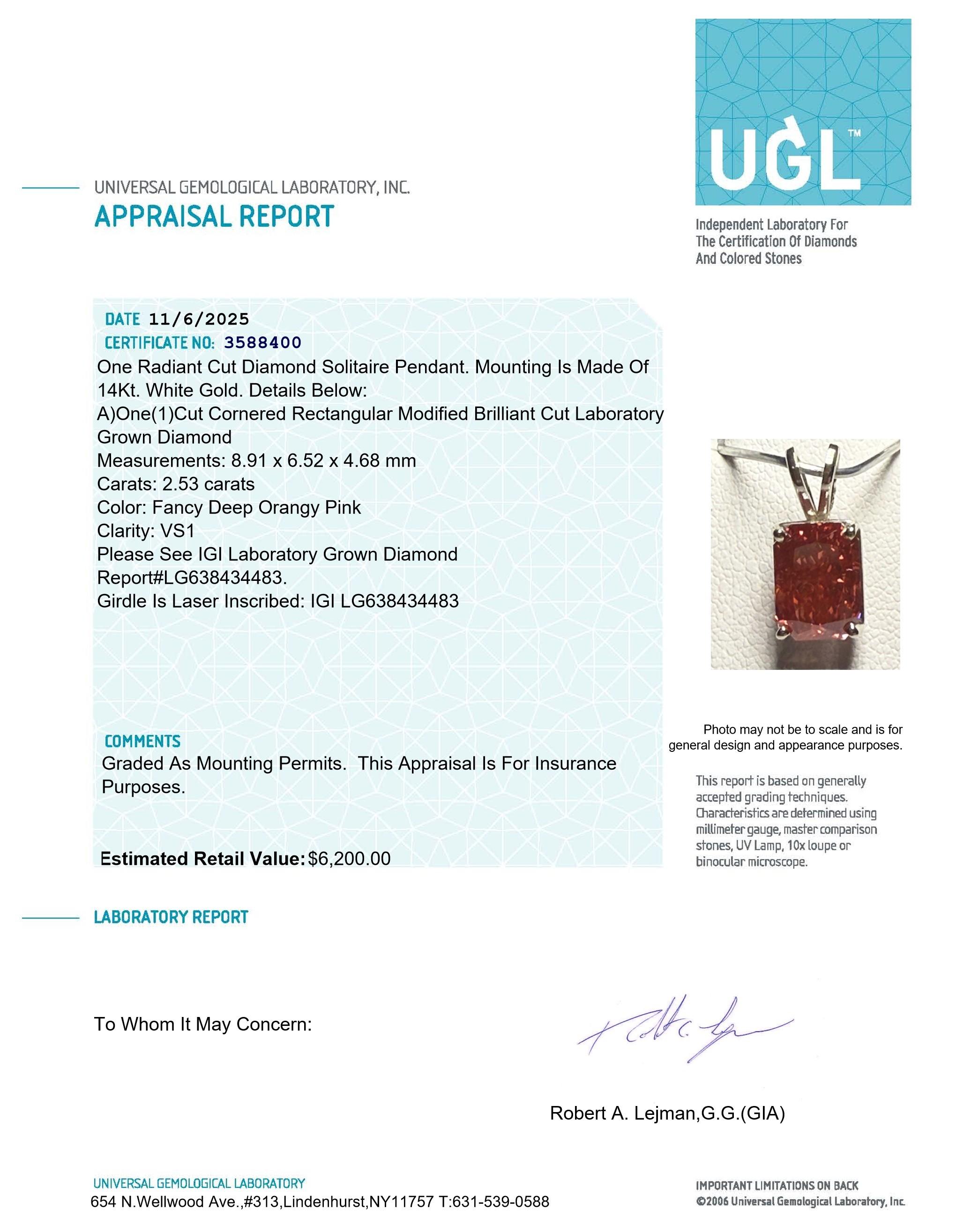 New 2.53 Carats Lab Grown Pink Diamond Pendant VS1 | Estimated Retail Value: $6,200 (UGL & IGI) at PristineAuction.com New 2.53 Carats Lab Grown Pink Diamond Pendant VS1 | Estimated Retail Value: $6,200 (UGL & IGI) at PristineAuction.com