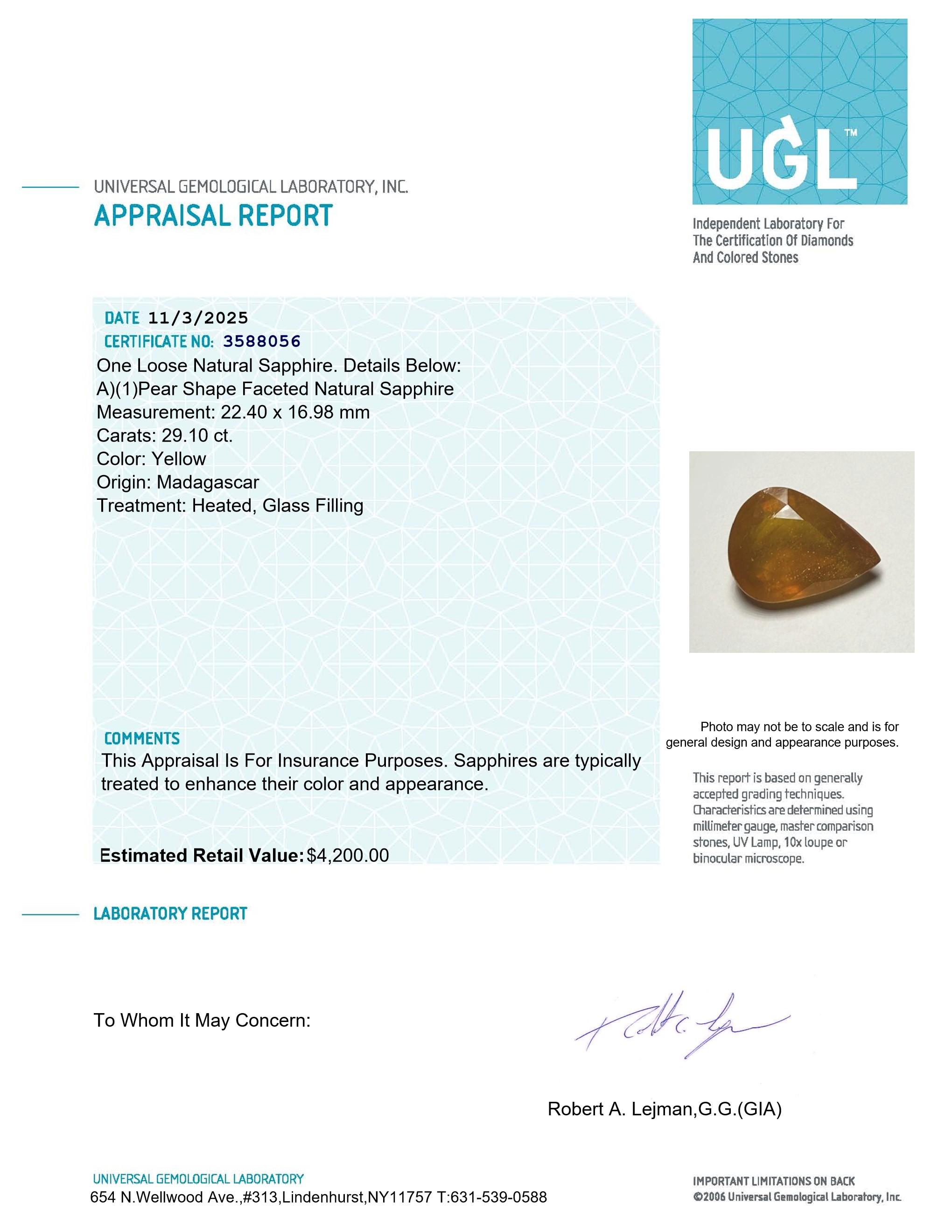 29.10 Carats Yellow Sapphire Loose | Estimated Retail Value $4,200 (UGL & IGI) at PristineAuction.com 29.10 Carats Yellow Sapphire Loose | Estimated Retail Value $4,200 (UGL & IGI) at PristineAuction.com