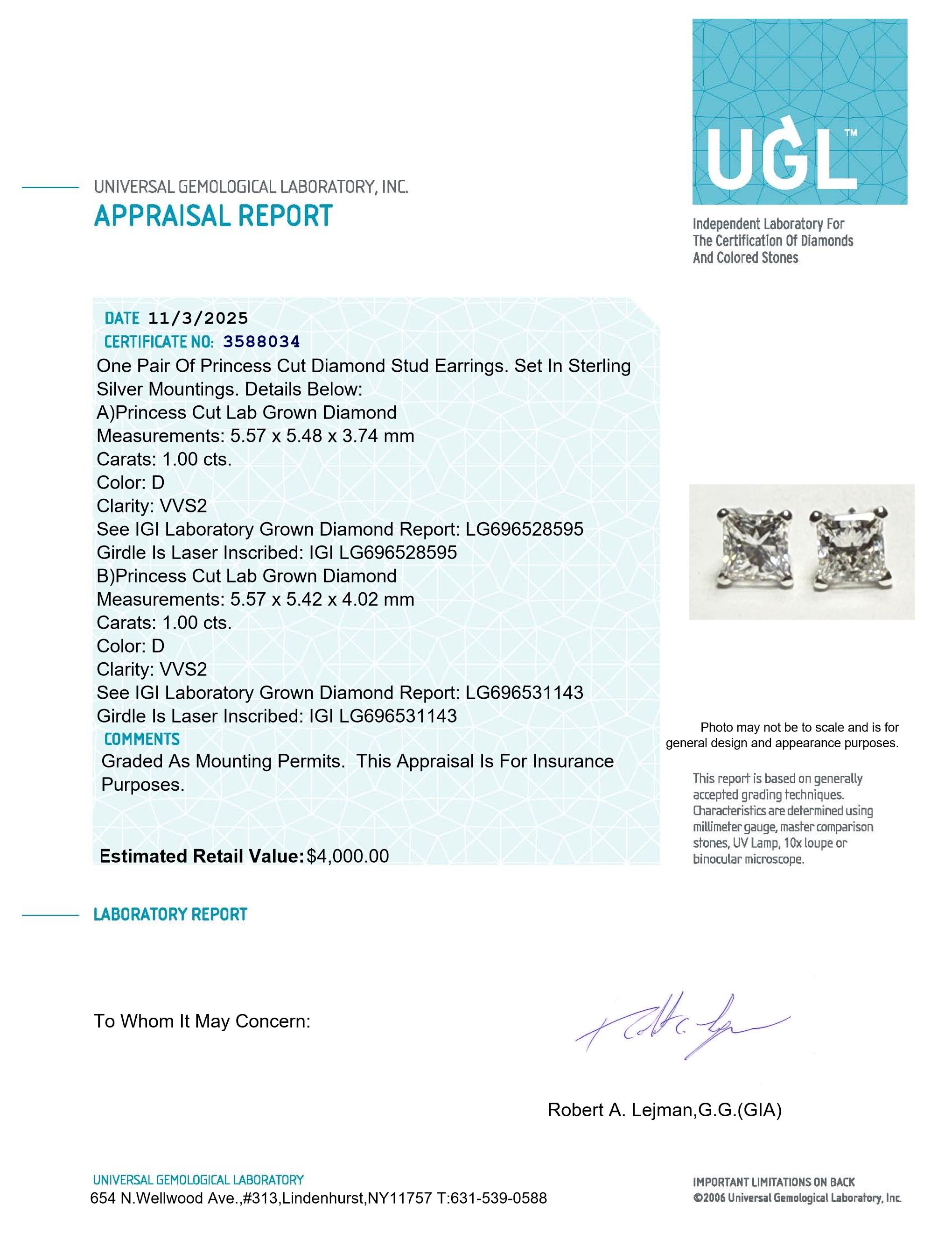 New 2.00 CTW Lab Grown Pair of Diamond Earrings D, VVS2 | Estimated Retail Value: $4,000 (UGL & IGI) at PristineAuction.com New 2.00 CTW Lab Grown Pair of Diamond Earrings D, VVS2 | Estimated Retail Value: $4,000 (UGL & IGI) at PristineAuction.com