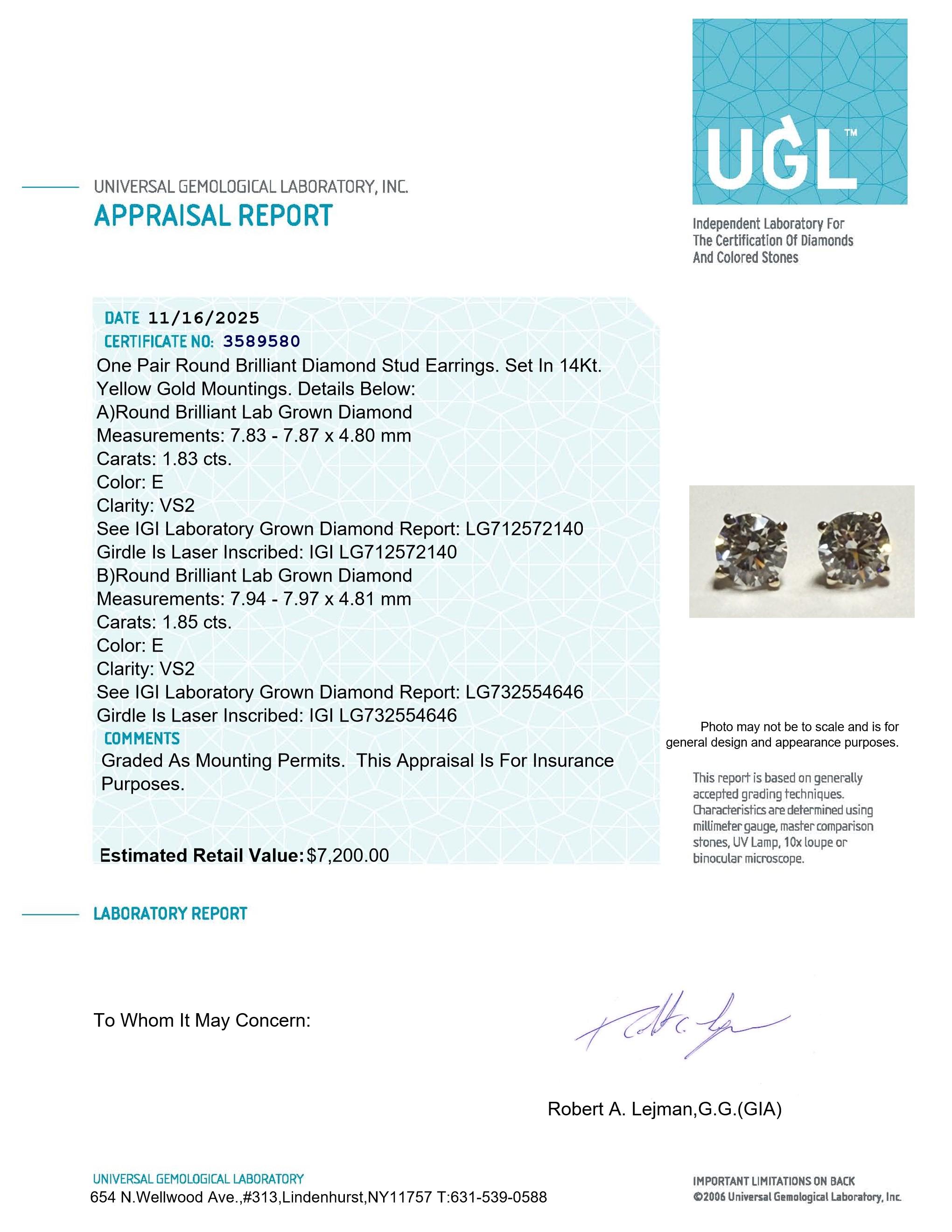 New 14kt Yellow Gold 3.68 CTW Lab Grown Pair of Diamond Stud Earrings E, VS2 | Estimated Retail Value: $7,200 (UGL & IGI) at PristineAuction.com New 14kt Yellow Gold 3.68 CTW Lab Grown Pair of Diamond Stud Earrings E, VS2 | Estimated Retail Value: $7,200 (UGL & IGI) at PristineAuction.com