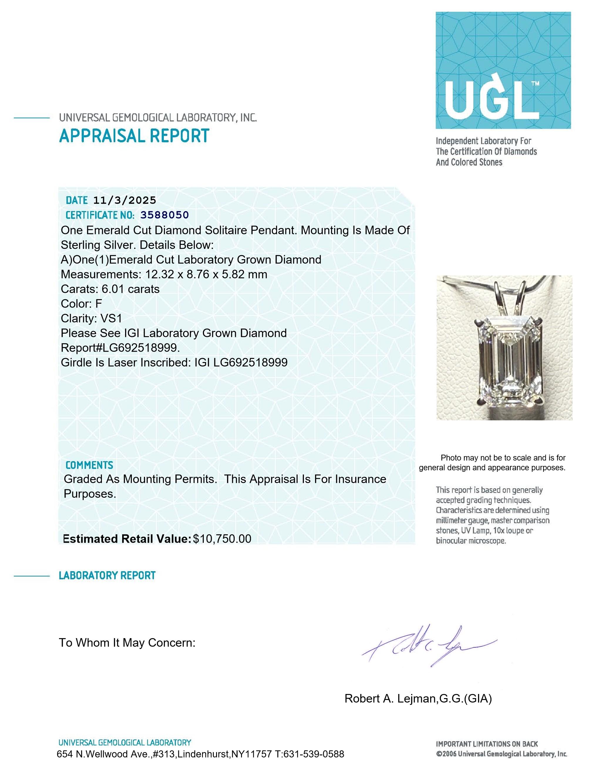 New 6.01 Carats Lab Grown Diamond Pendant F, VS1 | Estimated Retail Value: $10,750 (UGL & IGI) at PristineAuction.com New 6.01 Carats Lab Grown Diamond Pendant F, VS1 | Estimated Retail Value: $10,750 (UGL & IGI) at PristineAuction.com