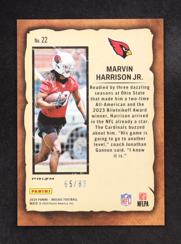 Marvin Harrison Jr. 2024 Panini Mosaic Notoriety Mosaic Reactive Yellow #22 RC #65/89 at PristineAuction.com Marvin Harrison Jr. 2024 Panini Mosaic Notoriety Mosaic Reactive Yellow #22 RC #65/89 at PristineAuction.com