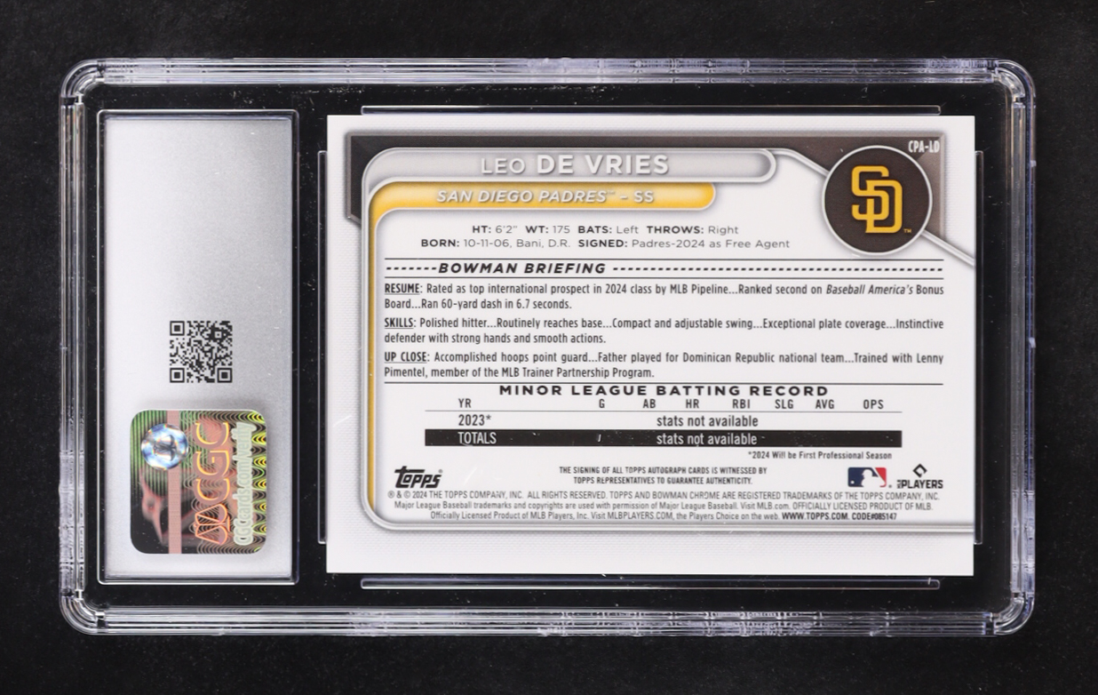 Leo De Vries 2025 Bowman Chrome Prospect Autographs #CPALD RC (CGC 9 | Auto 10) at PristineAuction.com Leo De Vries 2025 Bowman Chrome Prospect Autographs #CPALD RC (CGC 9 | Auto 10) at PristineAuction.com