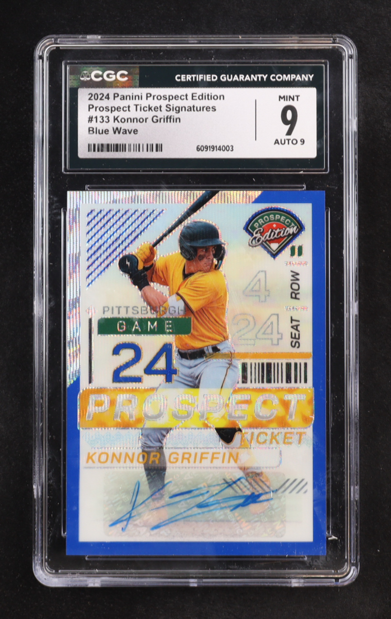 Konnor Griffin 2024 Panini Prospect Edition Holo Prospect Ticket Signatures Blue Wave #133 #55/75 RC (CGC 9 | Auto 9) at PristineAuction.com Konnor Griffin 2024 Panini Prospect Edition Holo Prospect Ticket Signatures Blue Wave #133 #55/75 RC (CGC 9 | Auto 9) at PristineAuction.com