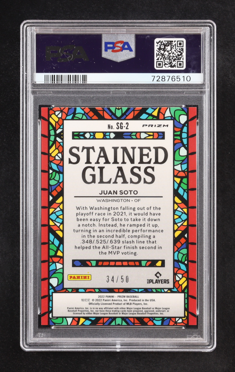 Juan Soto 2022 Panini Prizm Stained Glass Prizms Snake Skin #2 #34/50 (PSA 10) at PristineAuction.com Juan Soto 2022 Panini Prizm Stained Glass Prizms Snake Skin #2 #34/50 (PSA 10) at PristineAuction.com