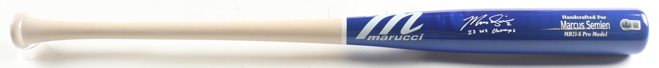 Marcus Semien Signed Marucci Player Model Baseball Bat Inscribed "23 WS Champs" (Beckett) at PristineAuction.com Marcus Semien Signed Marucci Player Model Baseball Bat Inscribed "23 WS Champs" (Beckett) at PristineAuction.com